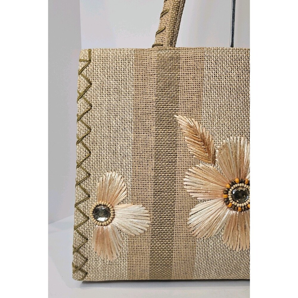 Handmade Woven Raffia Straw Floral Tote Bag with Beaded Rhinestone Accents EUC - Picture 6 of 10